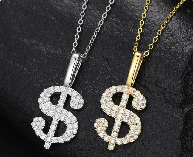 S925 Silver Moissanite Dollar Sign Pendant Necklace